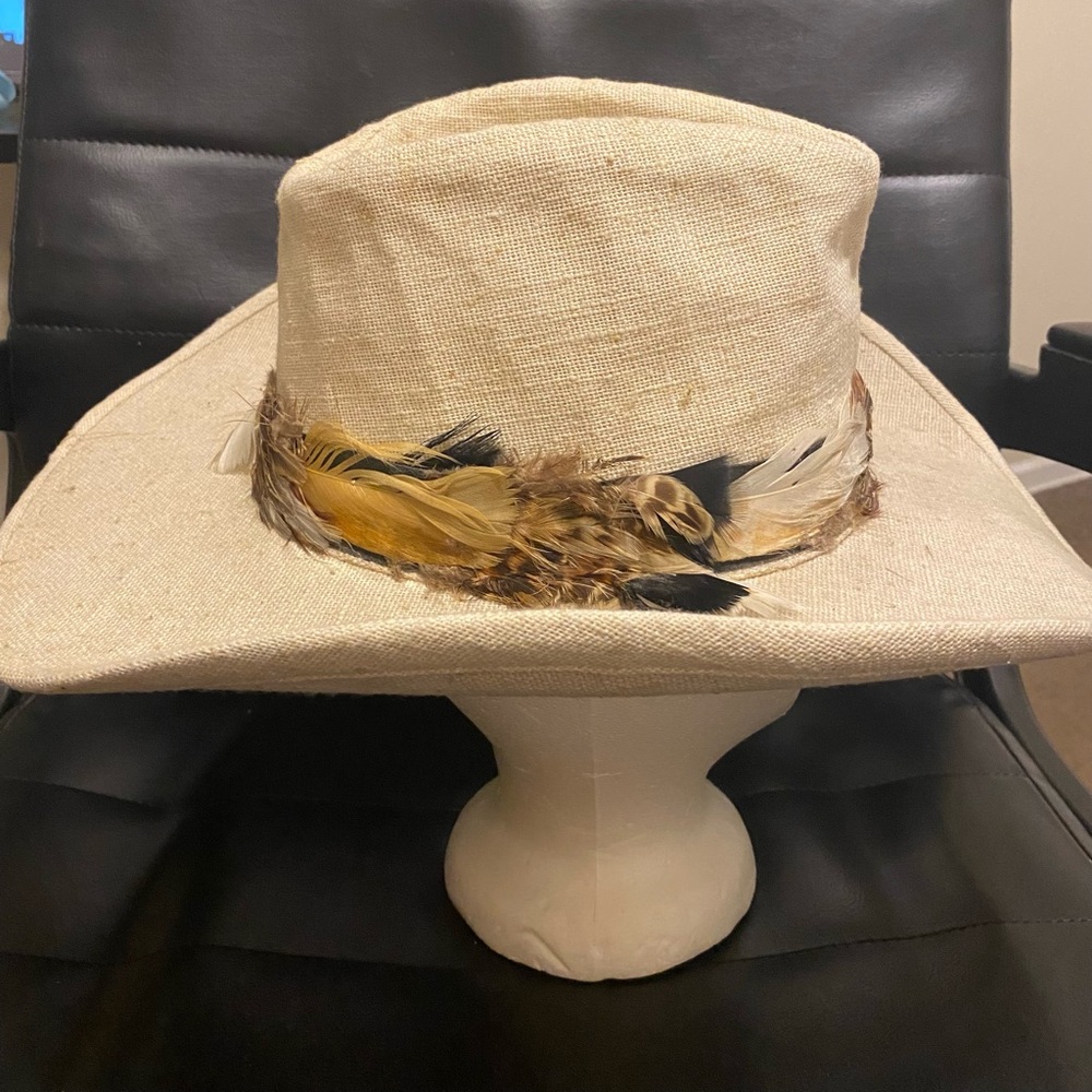 Vintage VTG Resistol Beige Ivory Canvas Western‎ Cowboy Hat Feathers - Picture 2 of 4